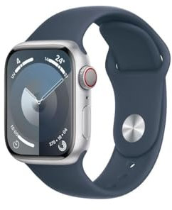 Apple Watch Series 9 (GPS, 41 mm) Smartwatch mit Aluminiumgehäuse in Silber und Sportarmband S/M in Sturmblau. Fitnesstracker, Blutsauerstoff und EKG Apps, Always-On Retina Display, Wasserschutz