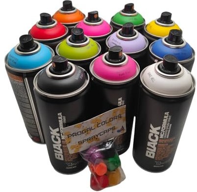 PROGAL COLORS Montana Black 12 x 400 ml Spray High Decking Schnelltrocknend Graffiti Street Art 12 x 400 ml + 6 Ersatzkappen
