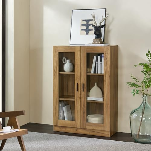 [en.casa] Vitrina con 3 Compartimentos Aparador con 2 Puertas Mueble Auxiliar para Salón Comedor Oficina Cristal Aglomerado 115 x 80 x 31 cm - Efecto Roble