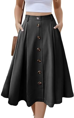 Alaster Queen Women's Long Pleated Skirt Ladies Midi High Elasticated Waist Flowy Pockets Skirt for Women UK, M Black
