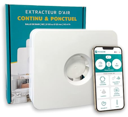 neoventil KELIS - Extracteur d'air intelligent connecté pour Salle de Bain, WC et Cuisine - Détection Humidité, Lumière et Odeurs avec Minuterie Intégrée - Fonctionnement ponctuel ou continu