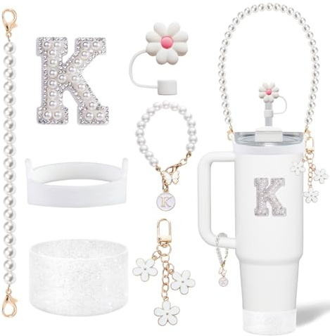 LUHOHI Cup Accessories Set for Stanley- Including Water Bottle Carrying Pearl Strap, Handle Letter Charms Sticker, Siliocne Cup Boot Straw Cover for Stanley 40oz & 30oz Tumbler Accessory Kit-K