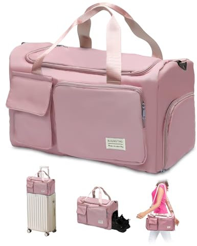 Sporttasche Damen Herren, 29L Wasserabweisende Sporttasche, Faltbare Reisetasche mit Schuhfach und Nassfach, Weekender Travel Bag Handgepäck Tasche Trainingstasche für Reisen, Fitness, Sport (Rosa)