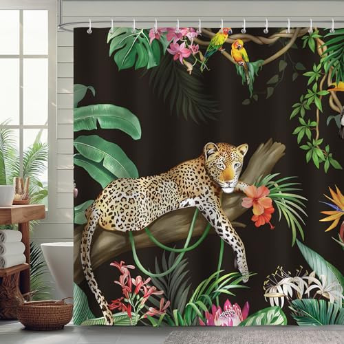 Bonhause Duschvorhang Leopard Schwarz Tropische Palmblätter Dschungel Duschvorhänge 180 x 180 cm Anti-Schimmel Wasserdicht Polyester Stoff Waschbar Bad Vorhäng für Badzimmer mit 12 Haken