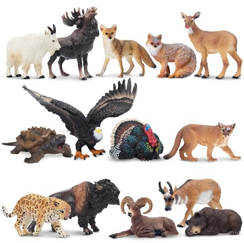 TOYMANY 14 pezzi Mini figure di animali della foresta nordamericana, realistiche figure giocattolo della giungla, giocattolo educativo decorazioni per torte uova di Pasqua Natale compleanno regalo