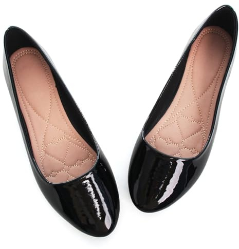 SAILING LU Womens Ballet Flats Shoes Dressy Comfortable Round Toe Slip On Patent Leather Ladies Flat Work Black Size 9