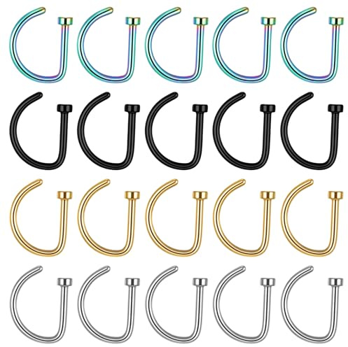 DOPENSPI 20 pièces D-forme Faux-anneau de nez, 8 mm en acier inoxydable, Faux-piercing nasal, anneau labial, Anneau de septum artificiel pour femmes et hommes Argent/Or/Noir