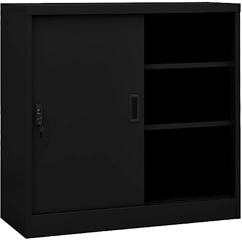 SKTQYQO Armadio per Ufficio Anta Scorrevole Nero 90x40x90cm Acciaio con 2 Ripiani Regolabili e Serratura, Armadietto Archivio per Documenti, Mobile per Organizzazione Ufficio,