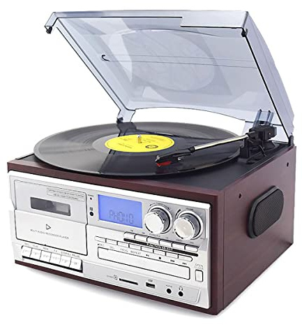 Giradischi, giradischi a tre velocità con USB/SD, telecomando, trasmissione a cinghia, lettore CD, radio, slot per cassette, funzione di digitalizzazione