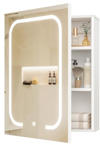 CHOEZON Lighted Bathroom Cabinet with Mirror, 3 Color Temperatures Wall Mounted Medicine Cabinet, 45 cm Small Space Storage Cabinet with Adjustable Shelves, USB Interface, White