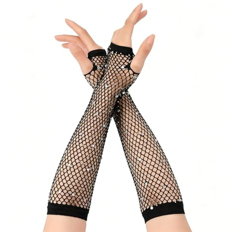 HstiaLving Gants Longs en Résille Noirs Sans Doigts pour Femmes avec Strass Brillants Accessoires de Mode pour Fêtes Costumées Années 80 Cosplay Opéra Soirées Élégantes Femboy Fishnet Style 1 Paires
