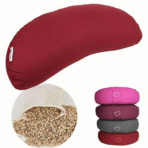 maylow Yoga mit Herz® Hochwertiges Yogakissen  Shivaya  Halbmond Bezug waschbar Innenkissen gefüllt mit Bio-Dinkelspelzen (buddhistisch rot)