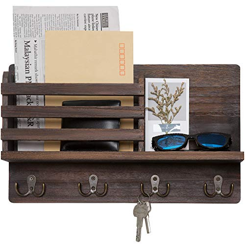 Dahey Wall Mounted Mail Holder Wooden Key Holder Rack Mail Sorter Organizer with 4 Double Key Hooks and A Floating Shelf Rustic Home Decor for Entryway or Mudroom,15.8 W x9.5 Hx2.7 D, Brown