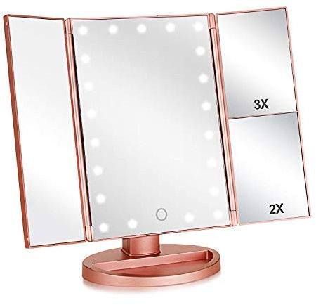 Flymiro Specchio Trucco, Specchio per Il Trucco con Luce 1x / 2X / 3X Trifold ingrandente 21 LED Touch Screen, Regolabile a 180° Specchio cosmetico per Il Trucco per viaggio(Oro Rosa)