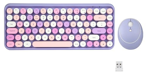 Perixx PERIDUO-713 Wireless Compact Keyboard and Mouse Combo - Pastel Blue, 2.4 GHz, Retro Round Keys, Pastel Purple, UK Layout