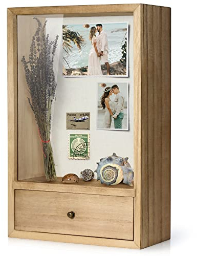 TJ.MOREE Deep Shadow Box Frame with Drawer, Shadowbox Display Case with Glass Window Picture Frame Memorabilia Bouquet Medals Military Photos Memory Box for Keepsakes