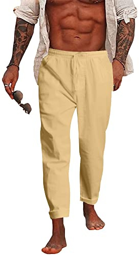 NANAMEEI Men's Cotton Linen Trousers Casual Linen Trousers with Pockets Elastic Waist Linen Pants