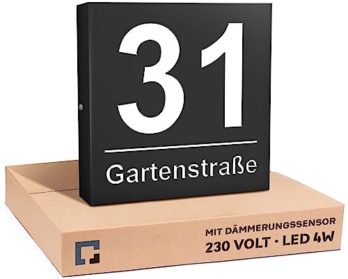 PRINTIMA Premium Gravur Personalisierter Hausnummer Anthrazit Beleuchtet Led Strom 230V, Hausnummernschild mit Dämmerungssensor |30x30cm, 4W/A+++| Wasserdicht, Funktion trifft auf Qualität und Stil