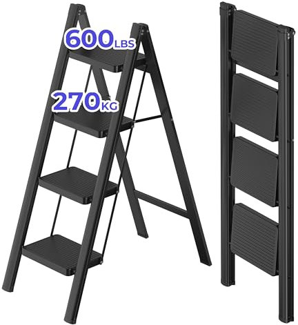 JOISCOPE 4 Stufen Klappleiter, Trittleiter, Leiter, rutschfeste Gummimatten, Verbreiterten rutschfest Stufe, bis 270KG Belastbar, aus Stahl, Stufenleiter für Haushalt, Büro, Schwarz