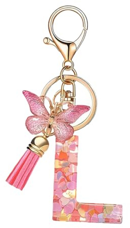ZXUPIO Porte-clés avec la lettre L pour femmes et filles, orné d'un papillon rose mignon et d'une tassel, idéal pour sac à dos et cartable