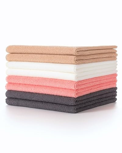 Lumimi Cleaning Cloth 8 Piece Microfiber Ultrafine Very Thick Wiping Drying Well Durable Reusable Multicolored Size 15 x 15 Beige Red White Grey, Pack of 8