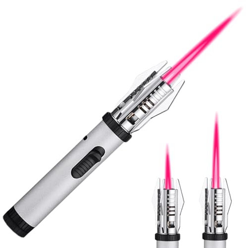 Jetflamme Feuerzeug, Gas Nachfüllbar Sturmfeuerzeug mit Einstellbarer Flamme, Winddichtes Gasfeuerzeug, Abschließbar für Grill, Kamin, Camping (Ohne Butangas) (Silber)