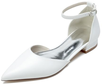smlekwc Mujer Cerrados Punta Puntiaguda Zapatos De Novia De Cuero Correa De Tobillo Zapatos De Vestir De Novia Zapatos De Cómodos Tacón Plano Bailarinas Pompa