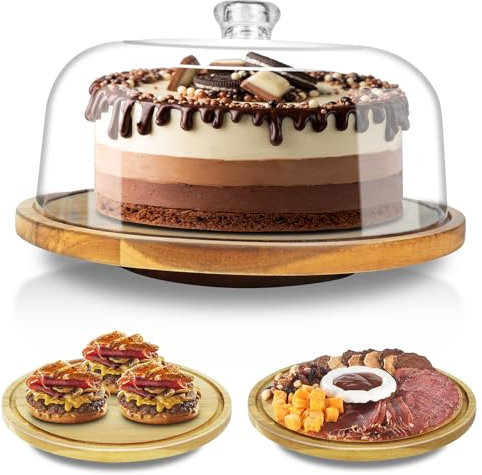 cutesun Cake Stand with Lid, 12in Acacia Wood Cake Plate with Cover, Wooden Cake Display Stand with Acrylic Dome (Not Glass), Cake Holder Tray for Wedding Gift，Kitchen,Birthday,Parties,Baking Gifts