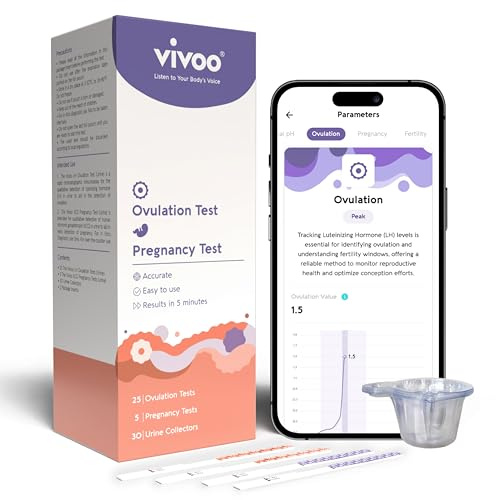 Vivoo Ovulation Test & Predictor Kit: Track Your Cycle and Test Results with Vivoo App, Includes 25 Individually Wrapped Ovulation (LH) Tests, 5 Pregnancy (HCG) Tests with 30 Cups