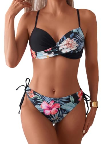 GORGLITTER Bikini dam set push up baddräkt tvådelad boho badmode, svart, M