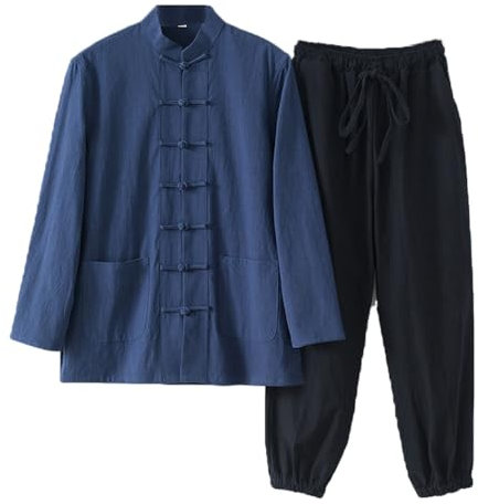 OLSKFUH Kampfsportanzug Aus Baumwollleinen - Traditionelle Chinesische Kleidung Für Herren, Tang-Anzug, Kung-Fu-Uniformen, Blau, 4XL,Blue-XX-Large