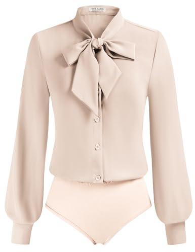Kate Kasin Womens Button Down Shirt Business Casual Spring Summer Work Blouse Dress Casual Bow Tie Neck Bodysuit Tops Almond S