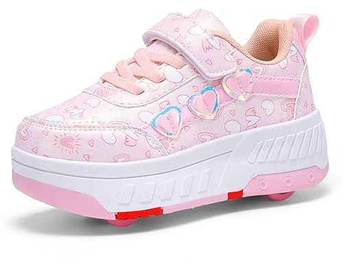 YongerYong Rullskridskor för flickor pojkar, skateboardskridskor utomhus parkourskor barn, infällbara 4 hjul sneakers unisex tonåring, träningsskor skridskoåkning barn, Rosa 98, 16.5 EU