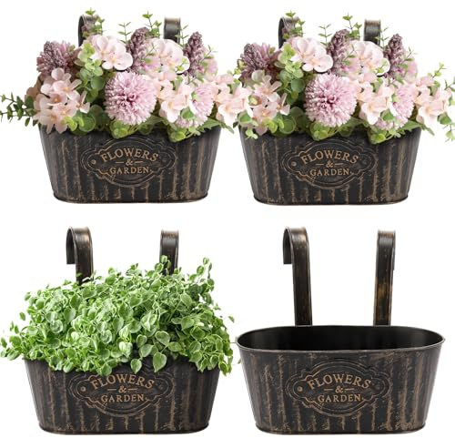 Gatphy 4Pcs Hanging Flower Pots Outdoor for Fence, Metal Hanging Flower Bucket with Drainage Decorative Railing Planter Box Metal Bucket Planter for Porch Railing Balcony Fence Patio (4Pcs Black)