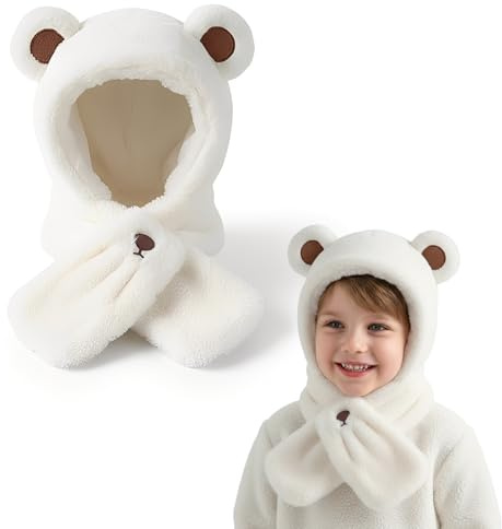 KEWUF Gorro Bebe Invierno, Braga Cuello Bebe, Gorro Y Bufanda Invierno, Gorro De Peluche Con Diseño De Osito, Gorro Grueso, Para Niñas Y Niños 2-6 Años (Blanco Cremoso, Circ. Gorro 48-54 Cm)