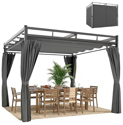 Outsunny Pérgola de Jardín 3x3 m con Techo Retráctil y 4 Cortinas, Cenador de Jardín con Protección UV30+, Impermeable, Estructura Metálica, Pabellón para Patio, Terraza, Exterior, Gris Oscuro