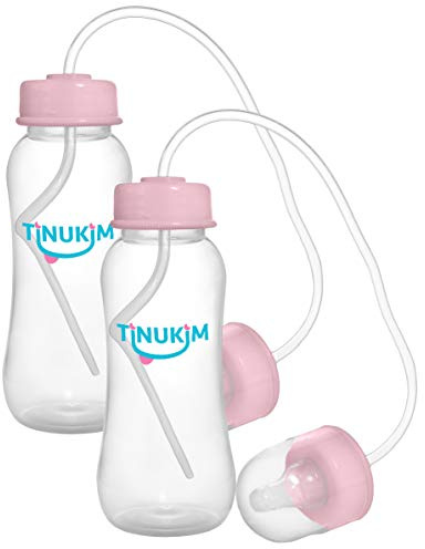 Tinukim iFeed 9 Ounce Self Feeding Baby Bottle with Tube - Handless Anti-Colic Nursing System, Pink - 2-Pack