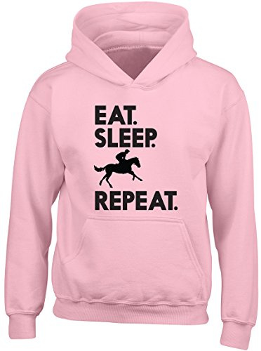 Eat Sleep Ride Repeat Horse Kids Childrens Hooded Top Hoodie Equestrian Horse Riding Rider Hoody Gifts for Boys Girls Pink
