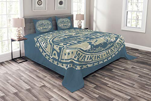 ABAKUHAUS Urlaub Tagesdecke Set, Pacific Waves Surf Camp, Set mit Kissenbezügen Waschbar, für Doppelbetten 264 x 220 cm, Khaki