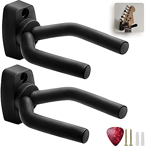KEPLIN Lot de 2 crochets muraux pour guitare - Support de fixation pour toutes les guitares électriques et acoustiques & basses - Avec vis et médiator de guitare - Support éponge rembourré et réglable