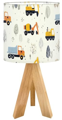 OEPWQIWEPZ Tripod Bedside Desk Table Lamp Cute Children Seamless Construction Machinery Cartoon Hand Wood Nightstand Lamp with Linen Fabric Shade for Nursery Bedroom Living Room Kids Room