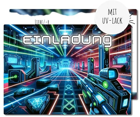12x EINLADUNGSKARTEN für Jungen & Mädchen Kindergeburtstag - coole Karten mit Lasertag Motiv & UV-Lack