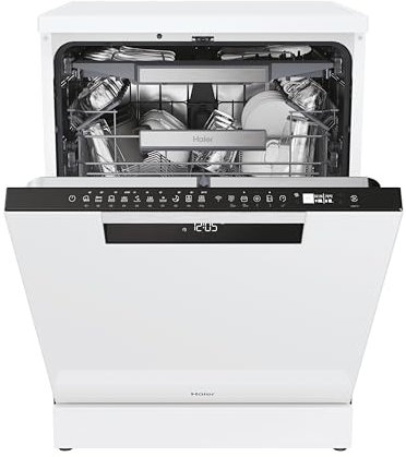 Haier I-PRO SHINE SERIE 3 XF 5C4M1W freistehender Geschirrspüler / 15 Maßgedecke/Breite 60 cm/AutoDoor/PowerWash / 3. Oberkorb für Besteck/Vollwasserschutz/Weiß