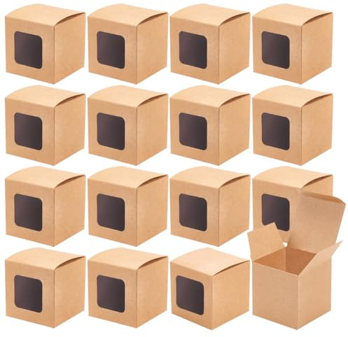 BENECREAT 30-pack 6 x 6 x 8 cm fyrkantiga presentlådor med klart fönster, BurlyWood kraft bageri lådor presentförpackningar för årsdagar födelsedagar bröllop examen