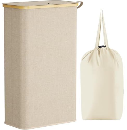 Lifewit 75L Slim Laundry Basket with Lid, Narrow, Removable Bag, Beige | Bamboo Handles, Foldable Thin Laundry Bin, Dirty Clothes Hamper for Laundry, Bathroom, Bedroom and Dorm