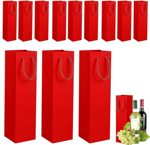 COSORO Bolsas Para Botellas de Vino con Asas,12 piezas Bolsas Papel Kraft Rojo,Fuerte Reciclable Regalos de Embalaje Botellas para Vino Whisky Champán para Fiestas Bodas Cumpleaños Navidad