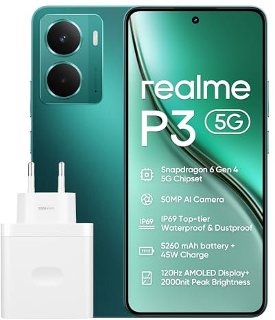 realme P3 5G Smartphone 8 + 256 GB, Snapdragon Prozessor 6 Gen 4 5G, Titanakku mit 5260 mAh, Schnellladung mit 45 W, AMOLED 120 Hz, Spitzenhelligkeit bei 2.000 nit, IP69, Grün