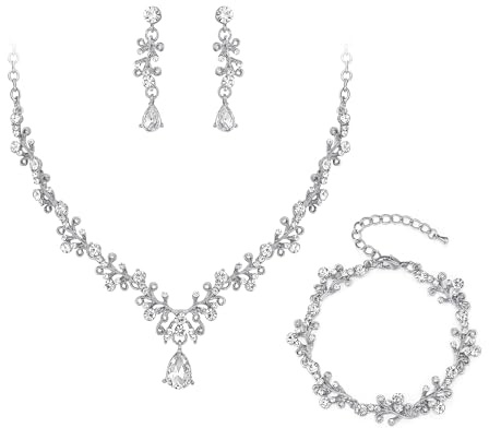 Rensa bröllopssmycken set för kvinnor, glänsande strass tårdroppe löv kluster uttalande halsband dinglande droppe örhängen länk armband för bröllop fest bal tillbehör, Kristall