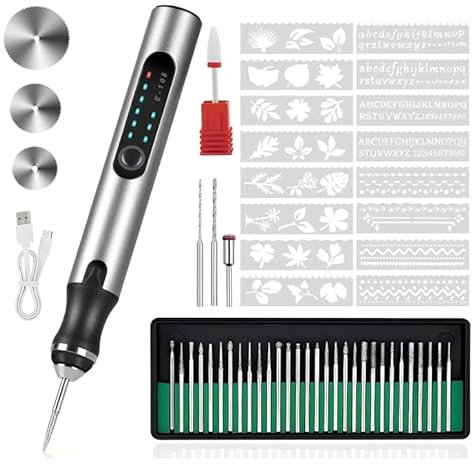 Longzhuo Gravierstift Werkzeug Kit, 3 Einstellbare Geschwindigkeiten USB-Ladegerät Gravur Gerät, Tragbares Multifunktionswerkzeug Gravur, für Schmuck Glas Holz Kunststoff Metall Stein, usw (Silber)