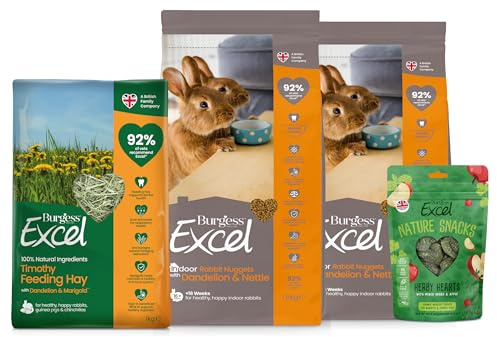 Burgess Excel 3KG Indoor Rabbit Food, 1KG Feeding Hay & Treat Value Bundle – Rabbit Nuggets, Treats, Dandelion & Marigold Feeding Hay for Indoor Rabbits – Dust Extracted Timothy Hay